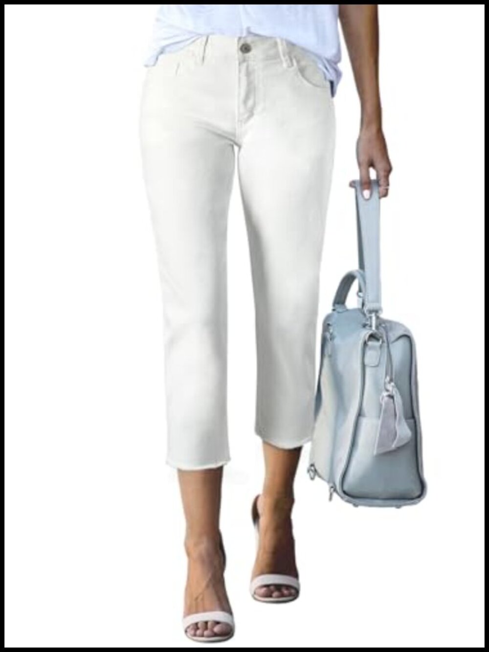 High Waisted Straight Leg Capri Jeans Raw Hem Stretch Denim Pants